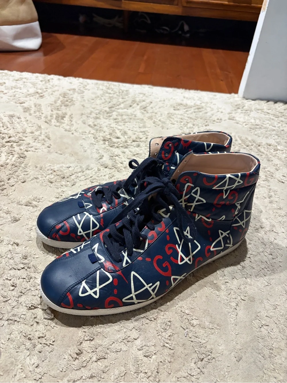 Gucci Navy High-Top Sneakers with Red and White Graffiti
